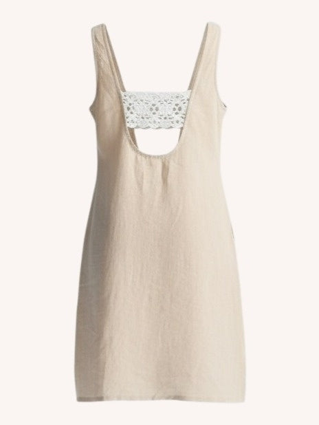 Hemp Short Dress with Back Embroidered Lace Detail