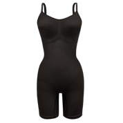 Sustainable shapewear front of black plant-based shapewear mid-thigh bodysuit made from evo and creora