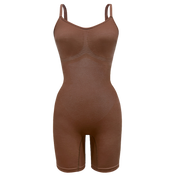 Sustainable shapewear front of ella nude, our deepest nude tone, plant-based shapewear bodysuit. made from evo and creora.