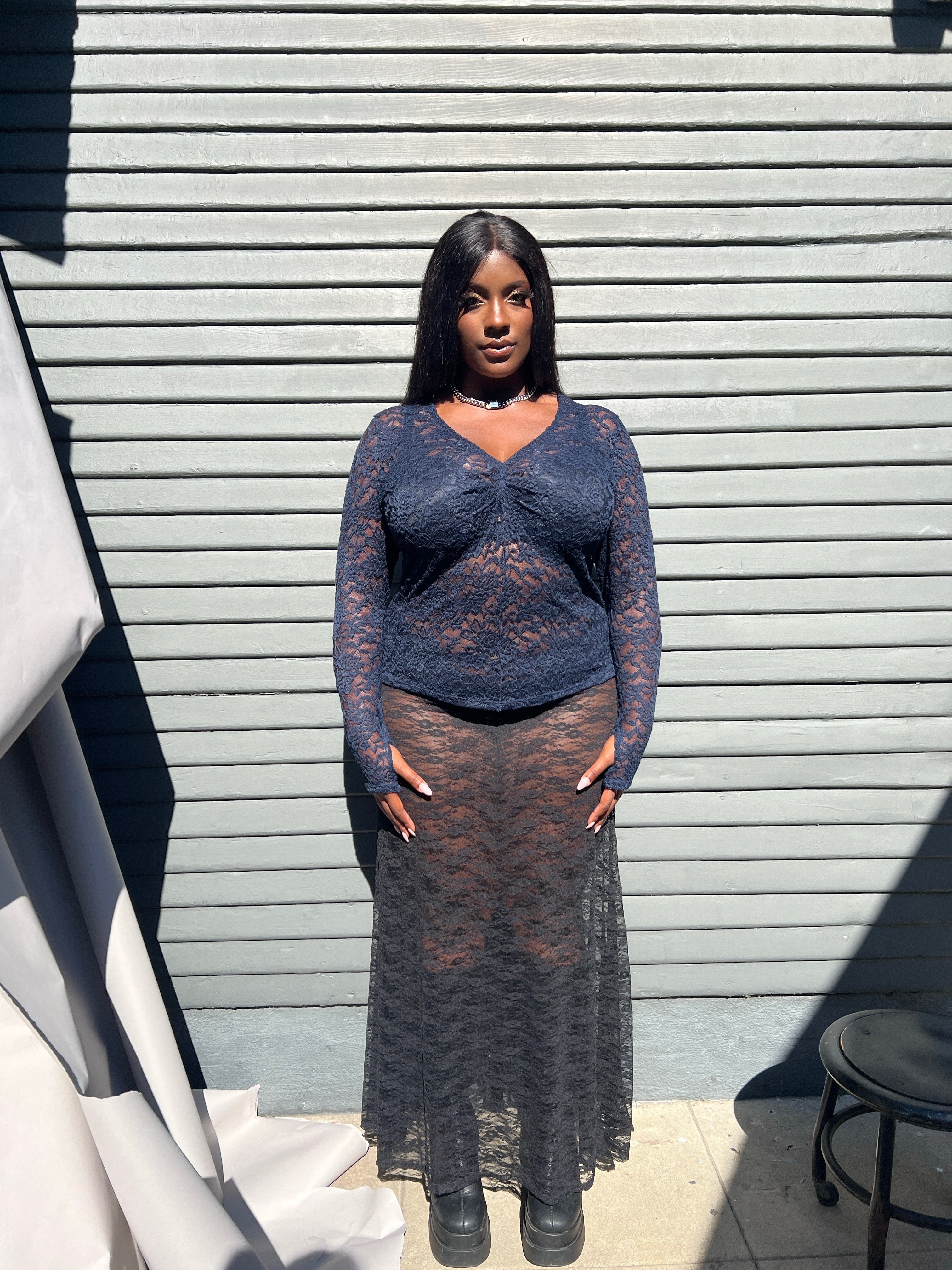 Gianna Stretch Lace Mermaid Maxi Skirt | Navy