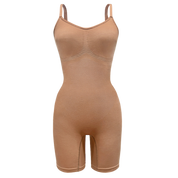 Sustainable shapewear front of maya nude, a caramel medium nude tone, plant-based shapewear mid-thigh bodysuit. ethically and sustainably made in portugal.