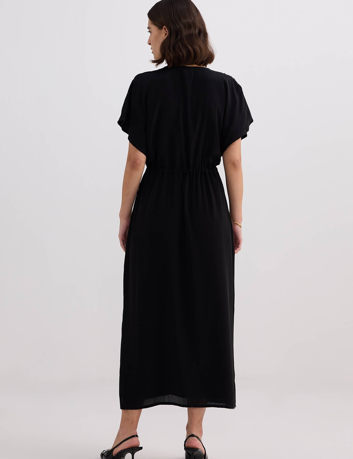 V-neck Gathered Maxi Dress in Black Back