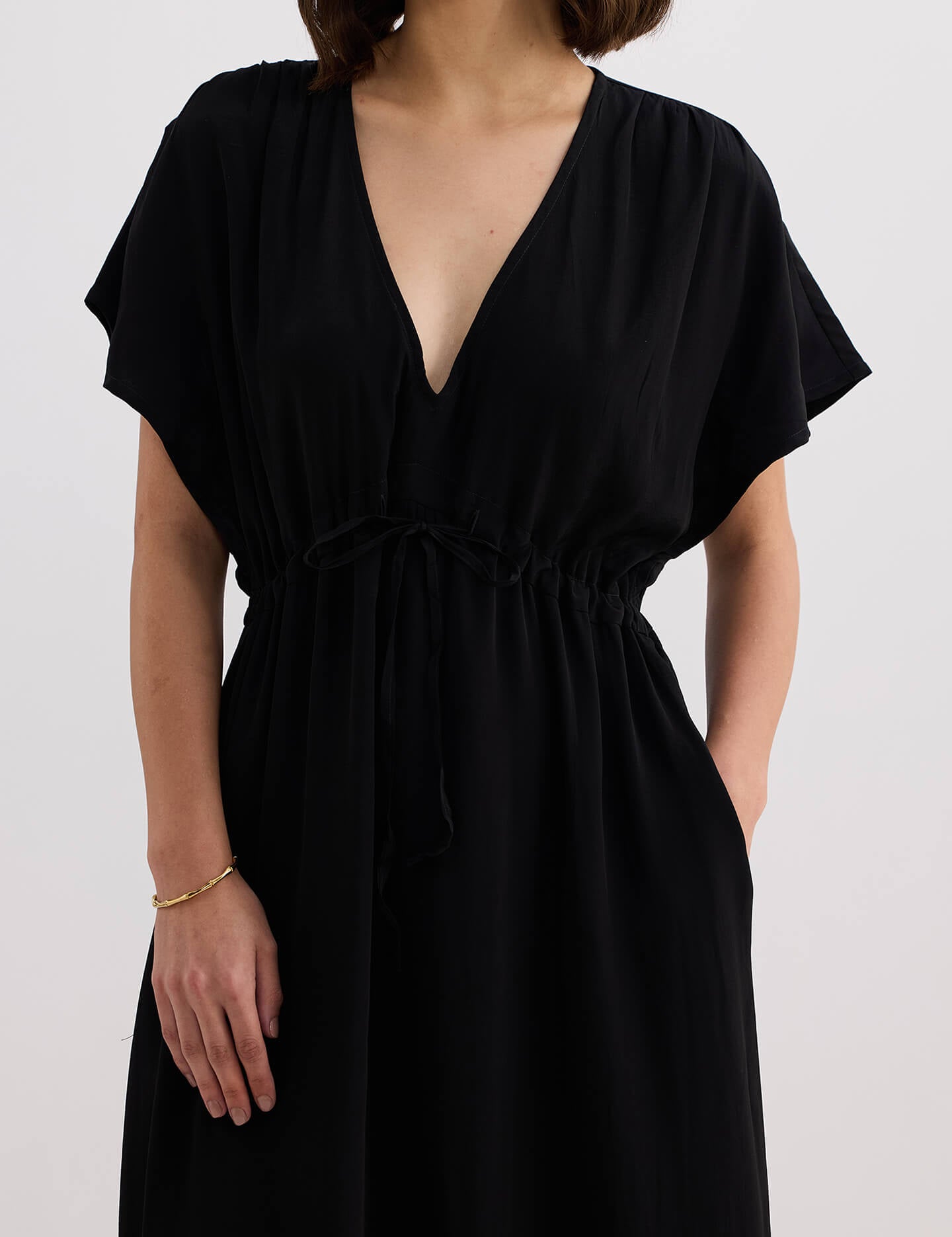 V-neck Gathered Maxi Dress in Black Closeup